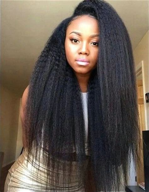 African American Clip in Black Kinky Straight Coarse Yaki Brazilian virgin hair hair extensions ...