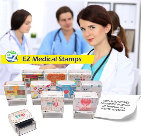 several medical stamps are displayed in front of a woman and two men with stethoscopes