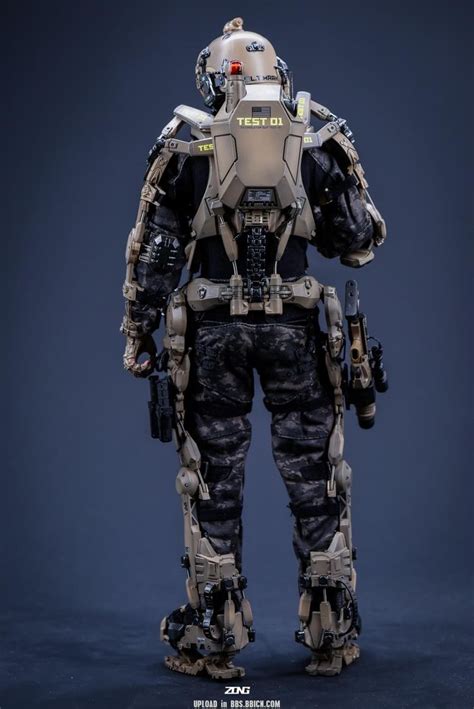 the back view of a futuristic soldier in camouflage gear, with his hands on his hips