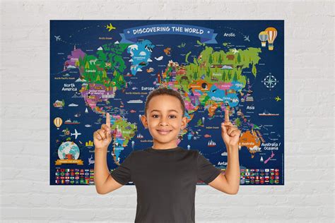 World Map Poster for Children | Large Illustrated Wall Map Poster for Kids | Laminated World Map ...