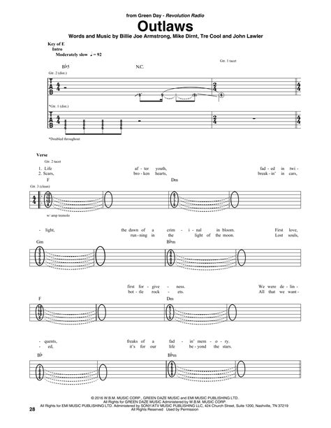 Outlaws by Green Day Sheet Music for Guitar Rhythm Tab at Sheet Music ...