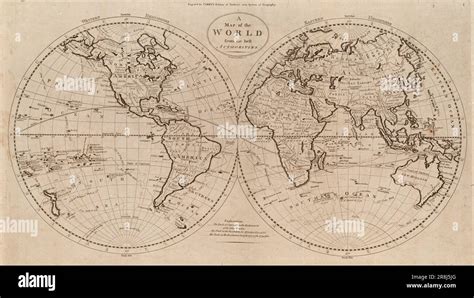 Vintage two hemispheres map of the world by Mathew Carey c. 1800. Map also shows voyages of ...