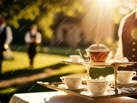 Premium Photo | Traditional English tea time cups crockery food and desserts served by a waiter ...