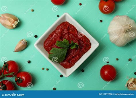 Bowl of Tomato Paste and Ingredients on Mint Background Stock Photo - Image of cuisine, sauce ...