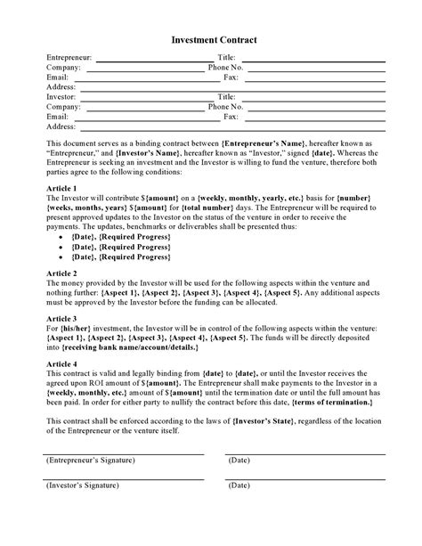 Cash Investment Contract Template Doc