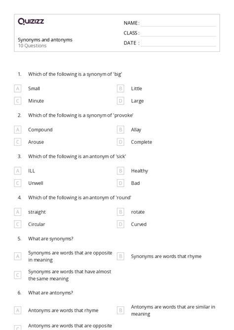 50+ Synonyms and Antonyms worksheets for 7th Grade on Quizizz | Free & Printable