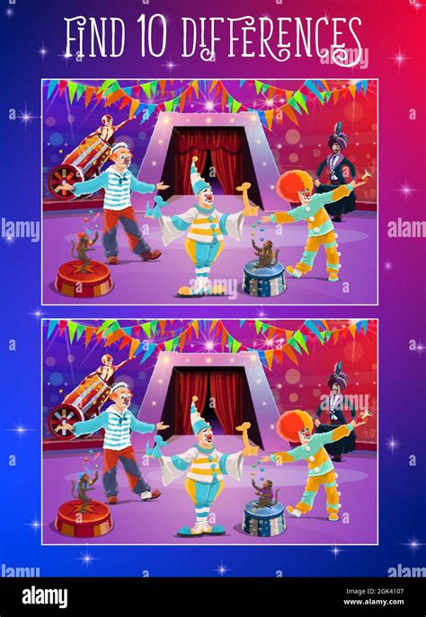 Find differences kids game with circus clowns on stage. Vector puzzle of brain training, memory ...