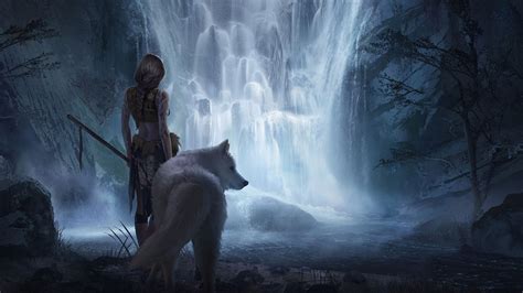 Fantasy Girl with White Wolf