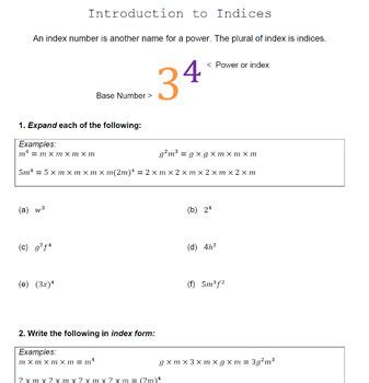 Introduction to Indices Powers Worksheet with examples and answers