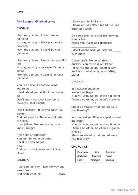 Avril Lavigne Girlfriend: English ESL worksheets pdf & doc