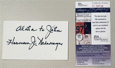 Herman Wedemeyer Signed Autographed 3x5 Card JSA Certified Hawaii Five ...