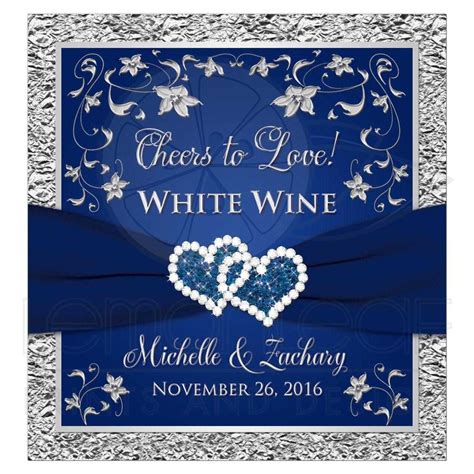 Personalized "Cheers to Love!" navy blue and silver wedding wine or beverage labels with double ...
