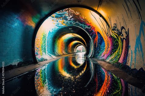 Subway station tunnel with graffiti on the wall. Urban wallpaper. AI ...