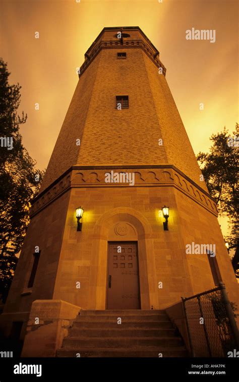 ORIGINAL 1928 HIGHLAND PARK WATER TOWER IN ST. PAUL, MINNESOTA. FALL EVENING WITH GOLDEN LIGHT ...