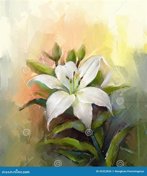 Oil Painting White Lily Flower Stock Illustration - Image: 45322836