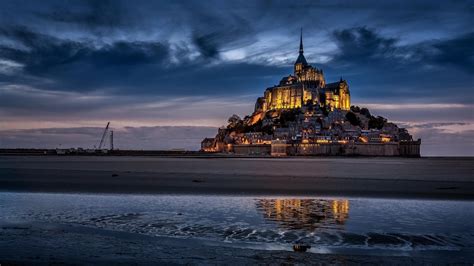 Wallpaper : sunset, sea, cityscape, bay, night, reflection, sky, Mont Saint Michel, sunrise ...