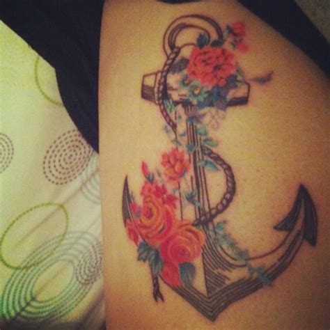 Anchor With Rope And Flowers Tattoo