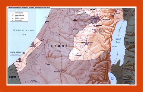 Transportation routes in Gaza Strip and Southern West Bank Area map ...