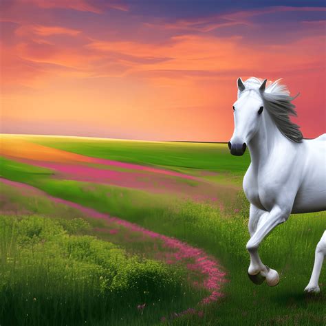 Beautiful White Horse Running in Flowery Fields and Colourful Sunset ...