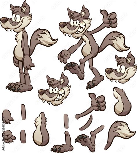 Cartoon wolf or coyote character with different body pats. Vector clip ...