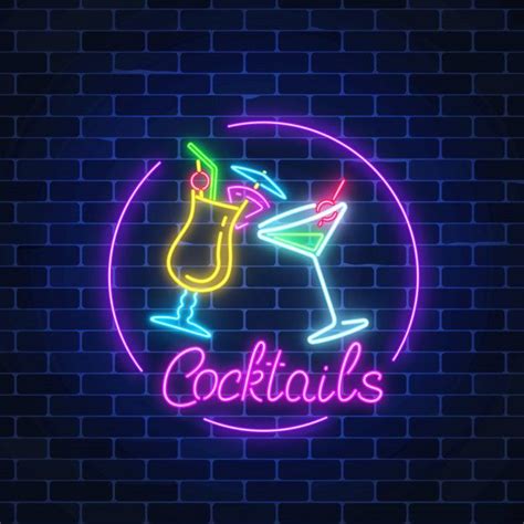Neon Cocktails Bar Sign In Circle Frame With Lettering On Dark Brick Wall Background. Glowing ...