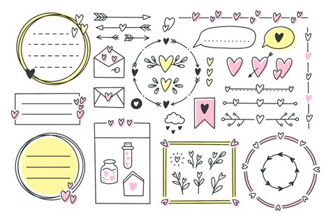 Cute bullet journal element doodles with hearts, love theme.Hand drawn banners and marks for ...