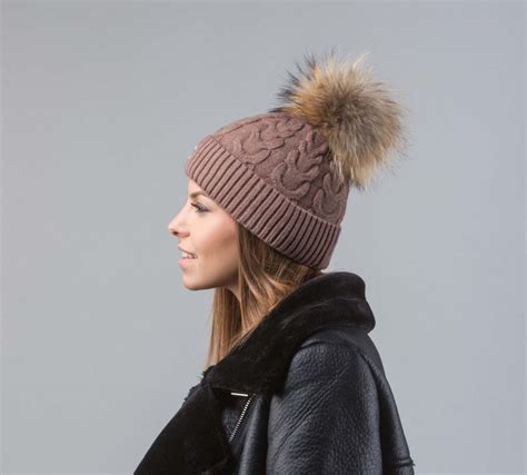 Brown Beanie With Raccoon Pom Pom I 100% Real Fur Hats