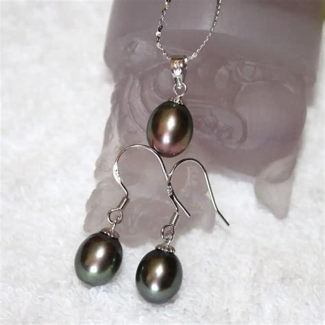 Free Shipping Genuine Freshwater black Drop Pearl Pendant Necklace SET Silver-in Jewelry Sets ...