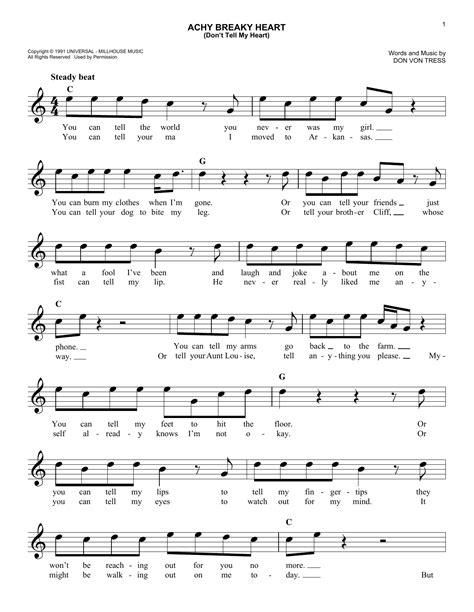 Billy Ray Cyrus "Achy Breaky Heart (Don't Tell My Heart)" Sheet Music Notes | Download Printable ...