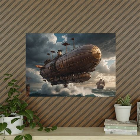 Steampunk Airship Battle Poster, Detailed Realism Art Print, Stormy Sky ...