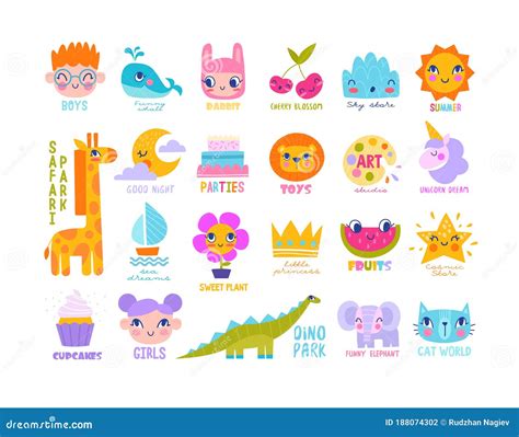 Large Set of Bright Colorful Logos for Children Stock Vector - Illustration of cheerful, cute ...