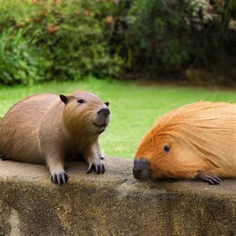 a Capybara relaxing with a cat, photograph | Stable Diffusion