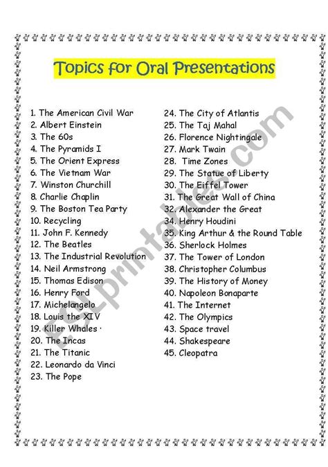 Here are 45 topics I use in my classes for Oral Presentations. I usually just walk through the ...