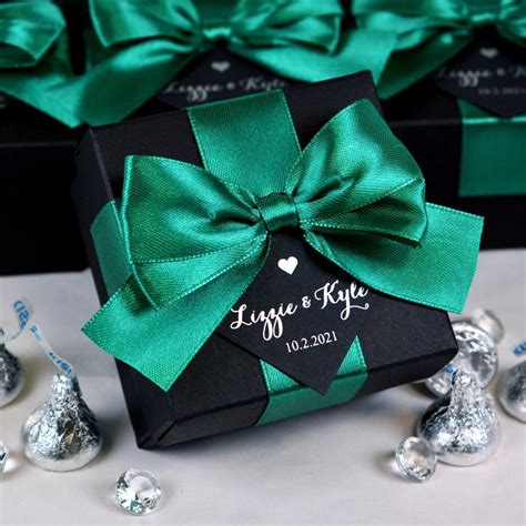 30 Black & Silver Wedding Favor Gift Box With Emerald Green Satin Ribbon Bow and Your Names ...