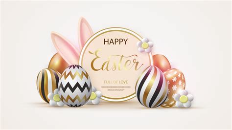 Happy Easter. Festive background design with golden eggs and bunny ears. Round frame for your ...