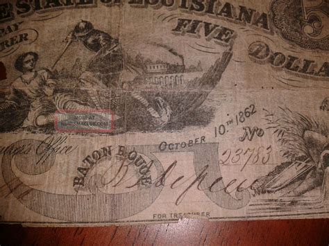 $5 Dollar Bill 1862 State Of Louisianna Five Dollars Civil War Era