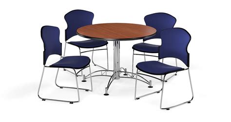 OFM Multi-Use Break Room Package, 42" Round Table with Fabric Stack Chairs, Cherry Finish with ...