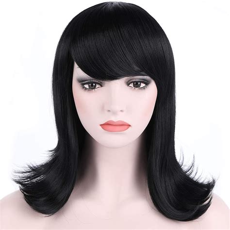 Onedor Women's Short Black Straight Hair 50s Cosplay Flip Wigs with Flat Bangs (1 - Black ...