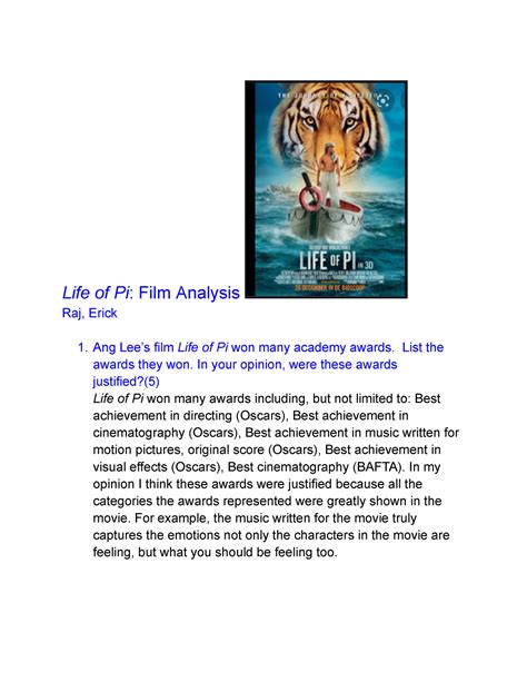 Life of Pi Film Analysis - Life of Pi: Film Analysis Raj, Erick Ang Lee’s film Life of Pi won ...