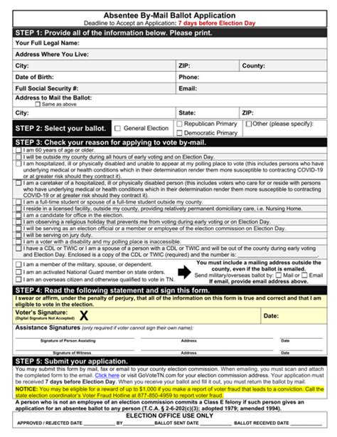 Tennessee Absentee by-Mail Ballot Application - Fill Out, Sign Online and Download PDF ...