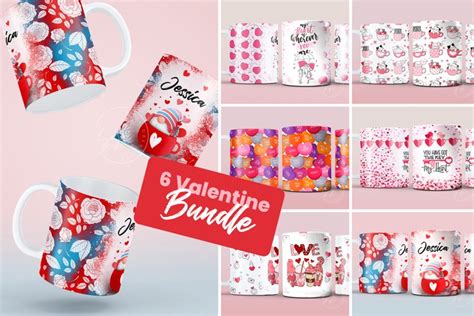 Set of 6 Bundle, Valentine's day Mug Wrap, 11 & 15 Oz Mug