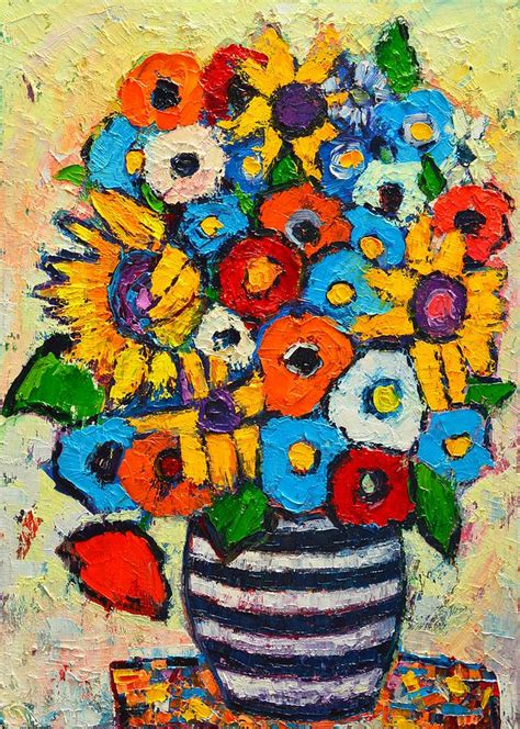 Abstract Flowers - Sunflowers And Colorful Poppies In Striped Vase Painting by Ana Maria Edulescu