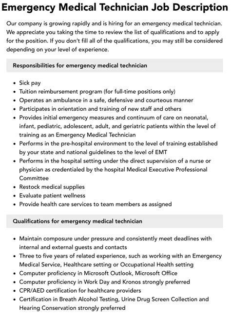 Emergency Medical Technician Job Description | Velvet Jobs