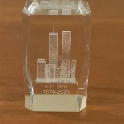9/11 LASER CUT/ETCHED Crystal Glass PaperWeight New York w/Twin Towers 2001 Box $12.95 - PicClick