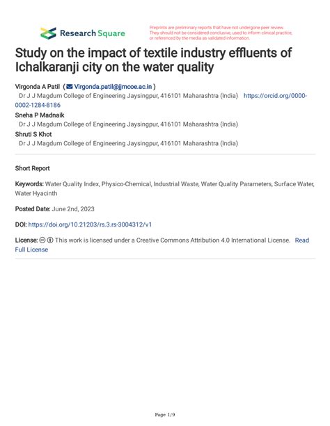 (PDF) Study on the impact of textile industry effluents of Ichalkaranji city on the water quality