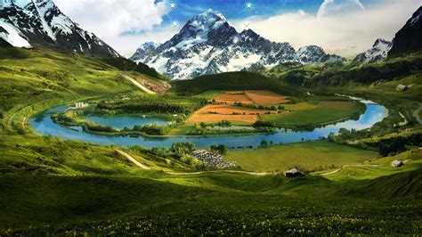 Landscape View Of White Covered Mountains River Between Green Grass Field Plants Scenery 4K HD ...