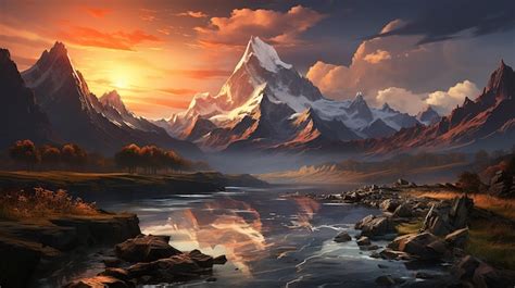 Premium AI Image | Majestic Mountain Range at Sunset Towering Peaks