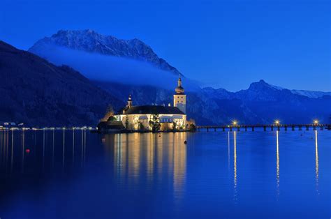 Wallpaper : blue, lake, Alps, Salzburg, castle, church, Austria, see, Twilight, hour, bluehour ...