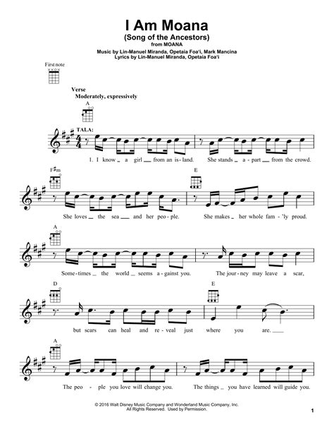 Moana sheet music. I Am Moana (Song Of The Ancestors) by Lin-Manuel Miranda - Ukulele - Guitar ...