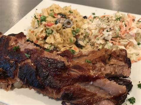 Barbecue St Louis Pork Ribs, Creamy Cole Slaw, and House Mac Salad | Creamy coleslaw, Pork ribs ...